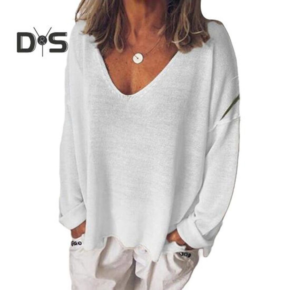 (S, white) Women T-shirt V-neck Long Sleeve Loose Fit Tee Shirt Solid Color Breathable Casual Pullover Tops Daily Wear