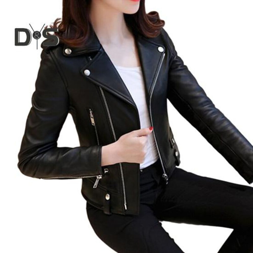 (black, 3XL) Fall Winter Women Coat Faux Leather Slim Fit Solid Color Turn Down Collar Zipper Rivet Decor Smooth Cardigan Long Sleeve Lady Motor Jacket