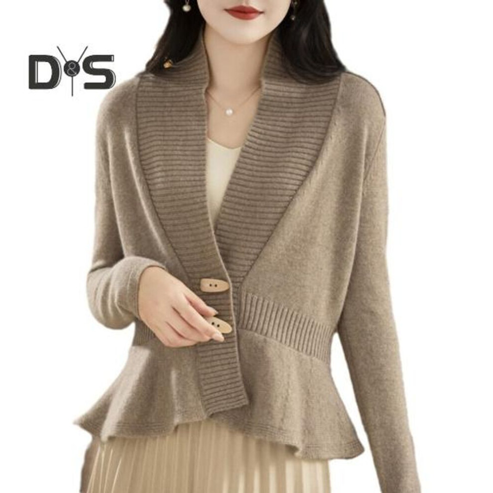 (khaki) Women Sweater Coat V-neck Long Sleeve Ruffle Hem Knitting Sweater Solid Color Slim Fit Waist Tight Sweater Cardigan