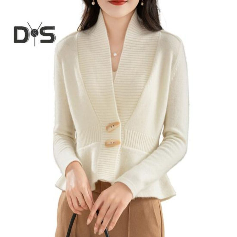 (white) Women Sweater Coat V-neck Long Sleeve Ruffle Hem Knitting Sweater Solid Color Slim Fit Waist Tight Sweater Cardigan
