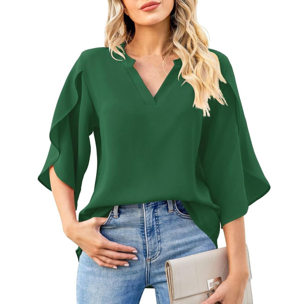 (XXL, green) Summer New Fashion Women's Petal Sleeve Tops Loose V-neck Chiffon Shirt