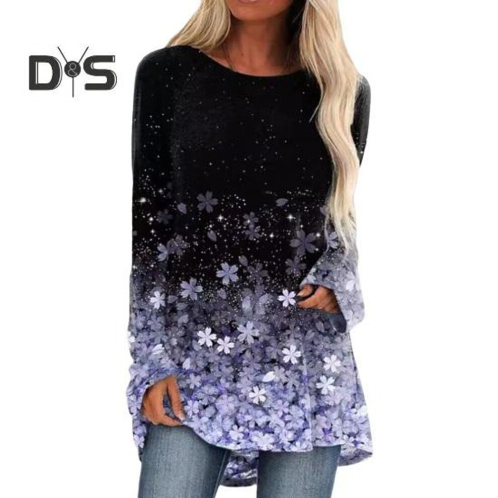 (L, purple) Women Tops Round Neck Long Sleeve Flower Printed Loose Fit Tee Shirt Stretchy Pullover Tops Daily Wear