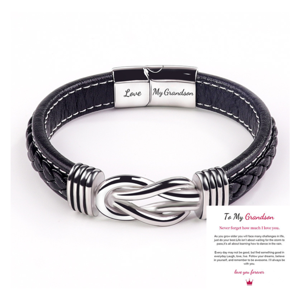 (Love My Grandson + To My Grandson Card) Mother & Son Forever Linked Together Braided PU Leather Bracelet TOP XMAS