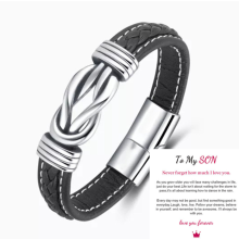 (Blank + To My Son Card) Mother And Son Forever Linked Together Braided PU Leather Bracelet XMAS Gift