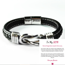 (Love you forever + To My Son Card) Mother And Son Forever Linked Together Braided PU Leather Bracelet XMAS Gift