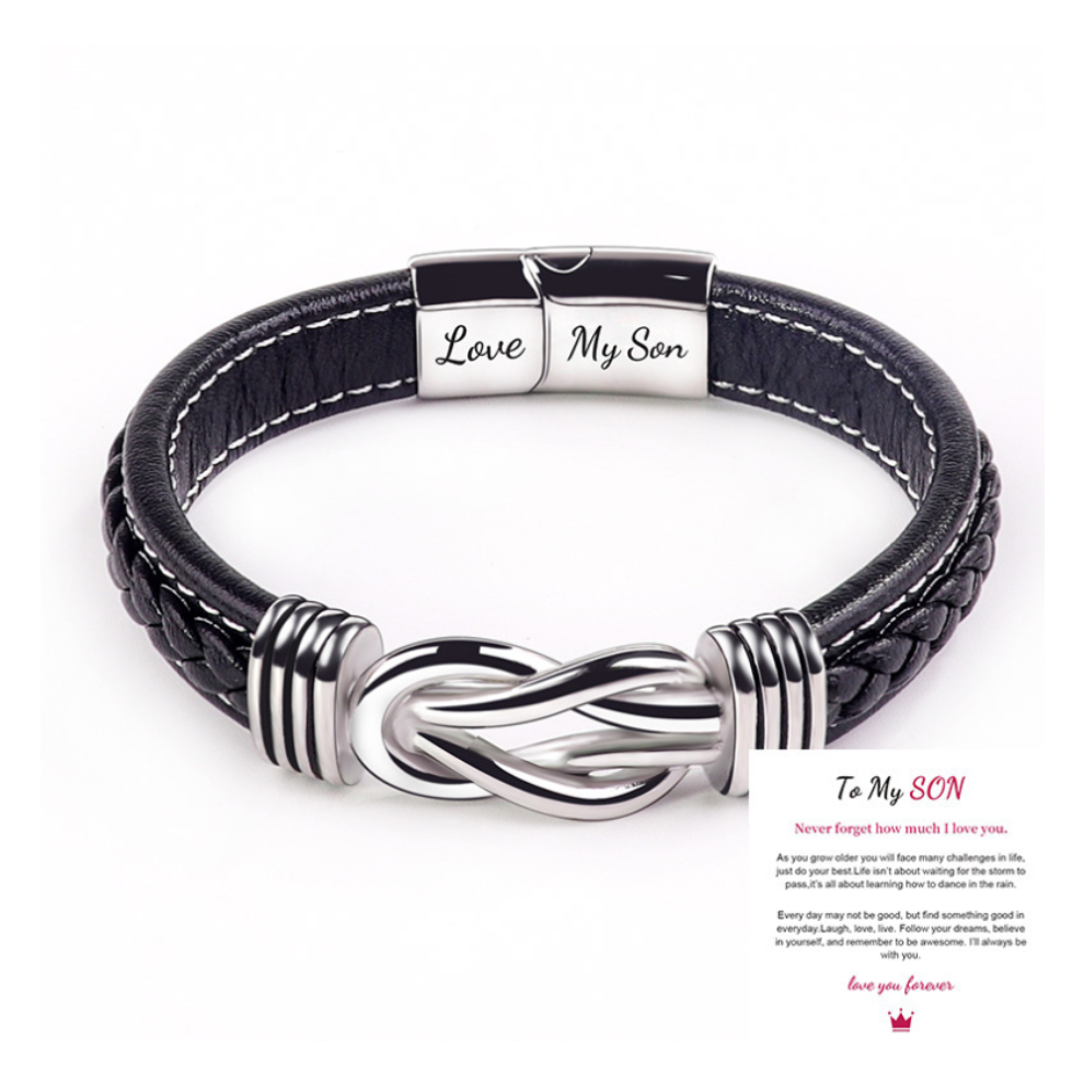 (Love My Son + To My Son Card) Mother And Son Forever Linked Together Braided PU Leather Bracelet XMAS Gift