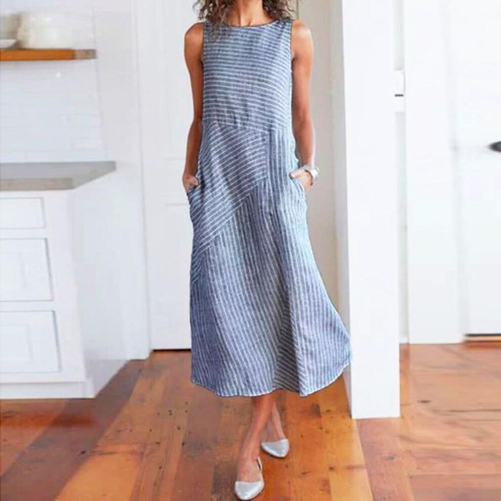 (blue, XXL) Women Casual Striped Sleeveless Dress  Neck Linen Pocket Long Dress