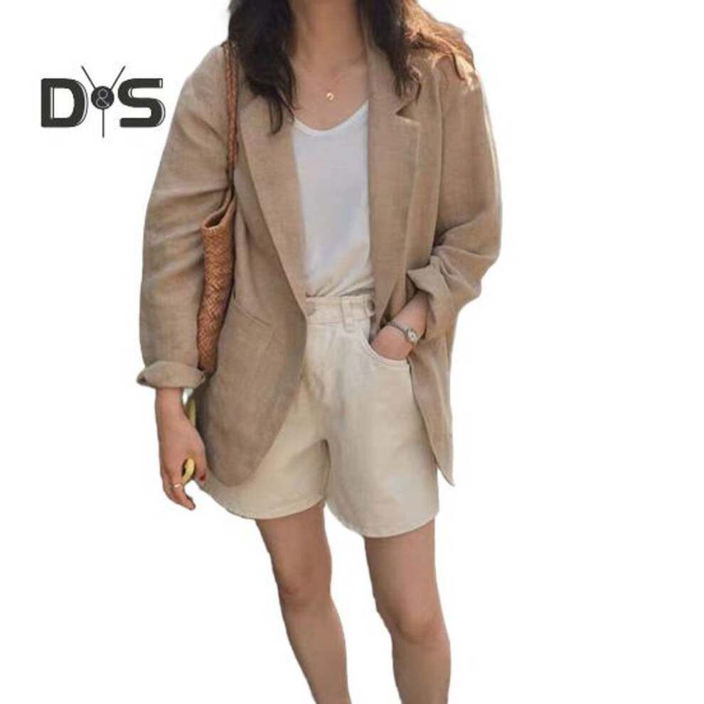 (khaki, S) Women's Casual One Button Cotton Linen Blazer Long Sleeve Suit Coat Casual Ol Work Blazer Jacket For Spring Summer