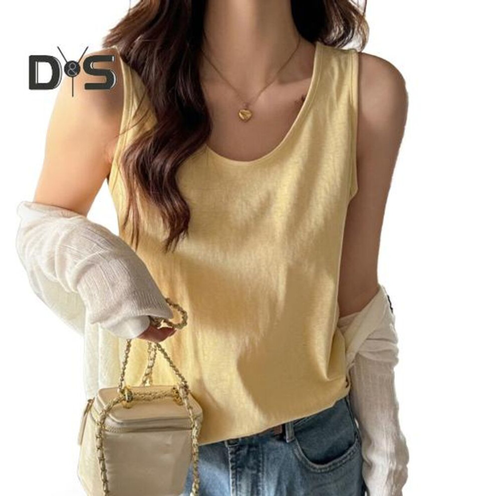 (XL, light yellow) Women Vest O-neck Sleeveless Loose Fit Tank Tops Solid Color Casual Camisole Summer Versatile Daily Tops
