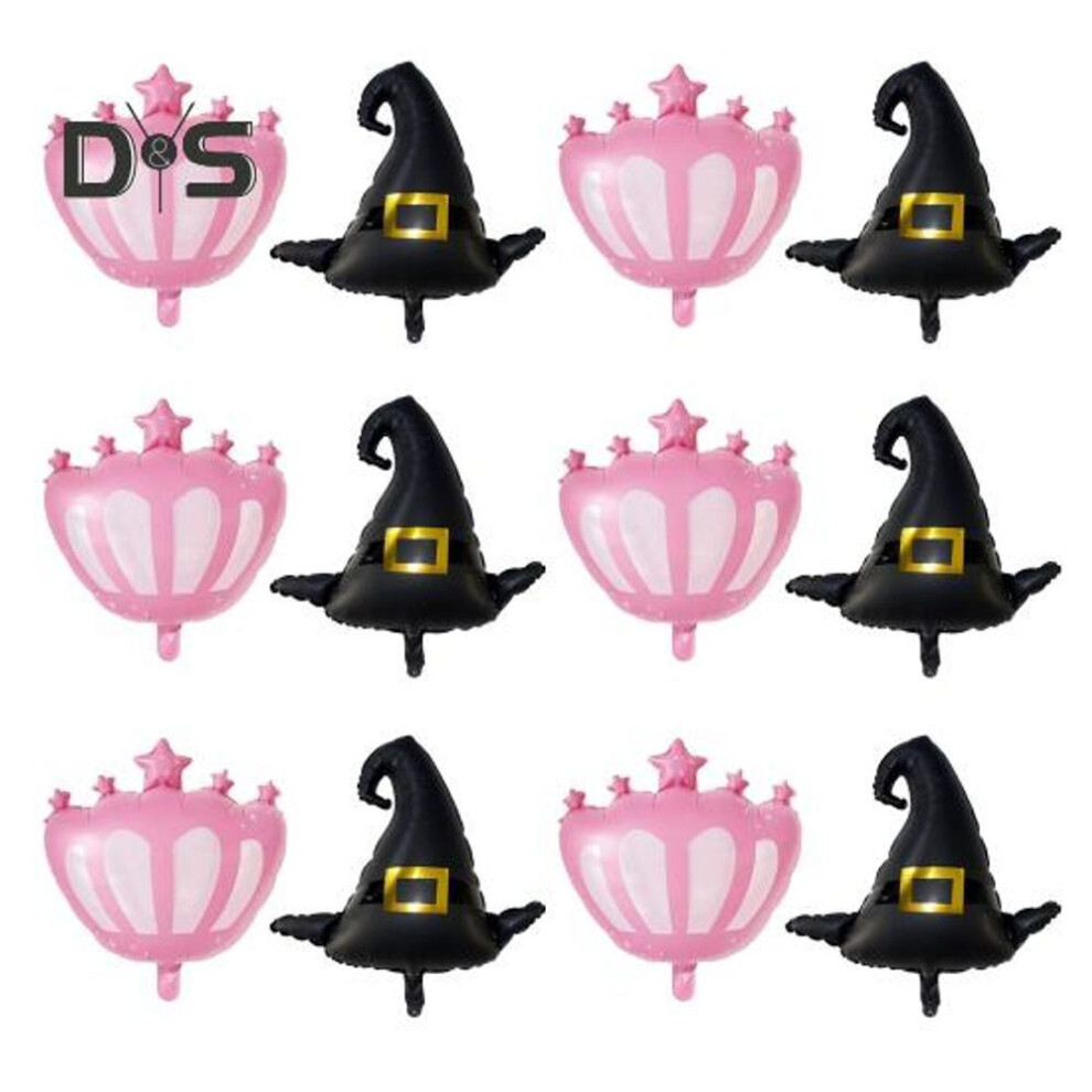 12 Pcs Witch Party Balloons Decoration Black Witch Hat And Pink Princess Crown Balloons Set For Halloween Birthday Wedding Party Decor