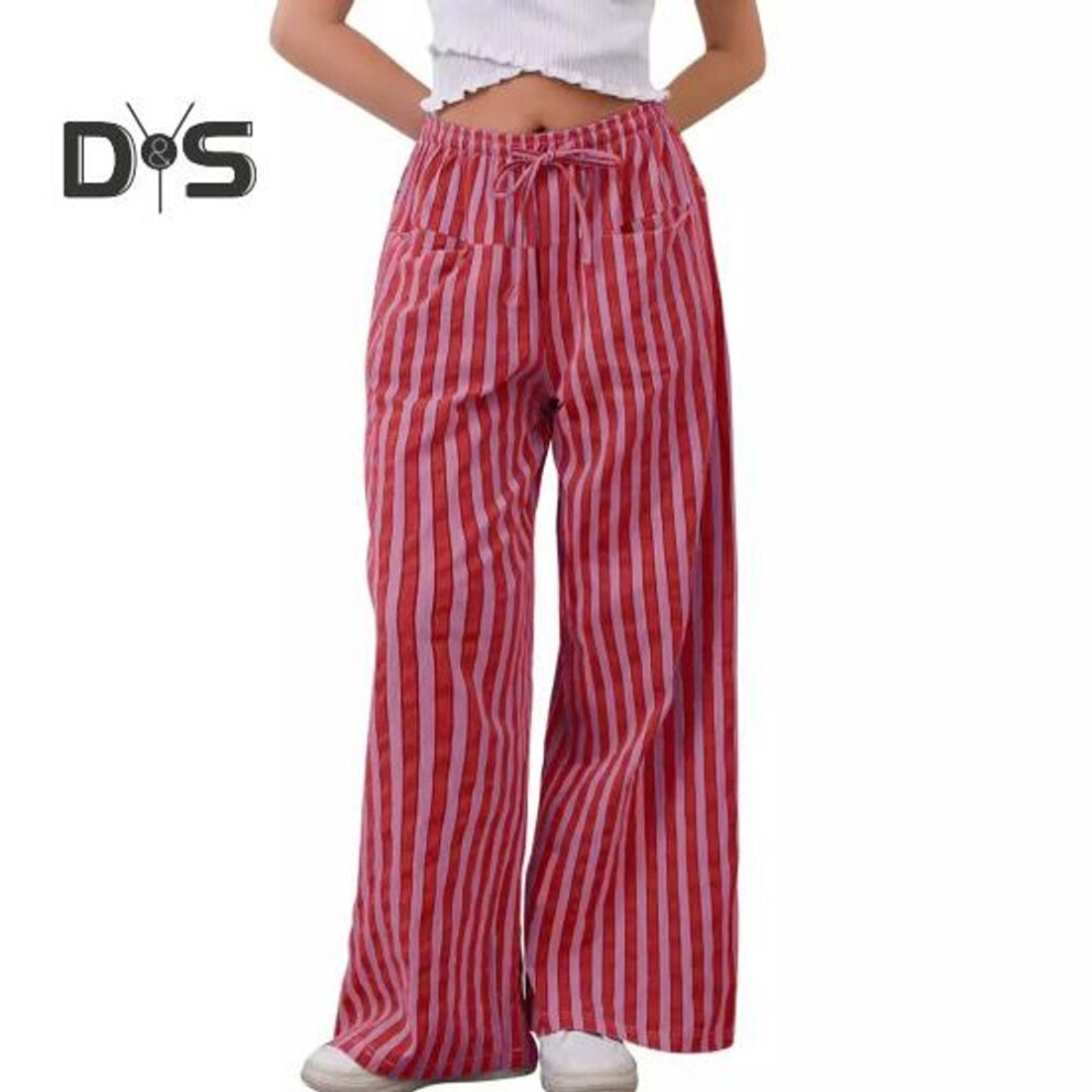 (red, L) Women Long Pants Low-rise Elastic Waist Adjustable Drawstring Casual Trousers With Pockets Loose Fit Wide Leg Pants