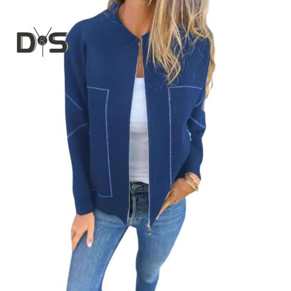 (blue, XL) Fall Spring Women Jacket Round Neck Solid Color Long Sleeves Zip-up Baseball Coat Loose Cardigan Daily Wear Outdoor Vacation Shopping Coat