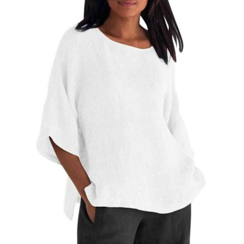 (L, white) Women Shirt 45720 Sleeve Casual Crew Neck Solid Color Pullover Tops Loose