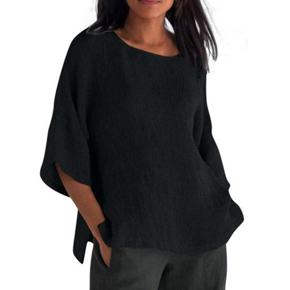 (S, black) Women Shirt 45720 Sleeve Casual Crew Neck Solid Color Pullover Tops Loose