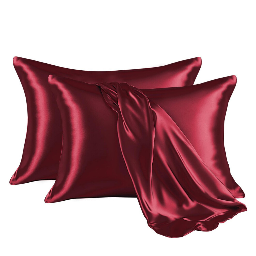 (Wine Red, 51x91cm) Satin Pillow Cases 2 Pack Soft as Silk Pillowcase For Hair and Skin With Envelope Closure Design