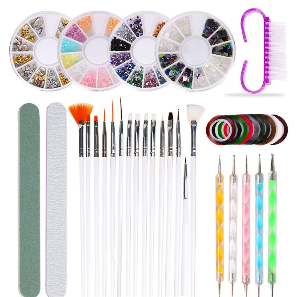 (As show, One size) Nail Art Tool Kit Nail Art Painting Pen Nail Brush Double Ended Dotting Pens Glitter Rhinestones Set