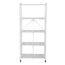(As show, One size) Movable Storage Shelf 5 Tier Carbon Steel Pre Assembled Folding Storage Rack for Kitchen Garage Basement White