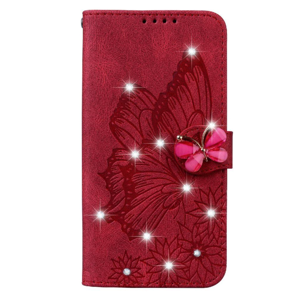 (Red) Flip Case For Iphone 16E Kickstand Protective Big Butterfly With Diamonds Leather Wallet With Card Slot Stand Red 764563532223