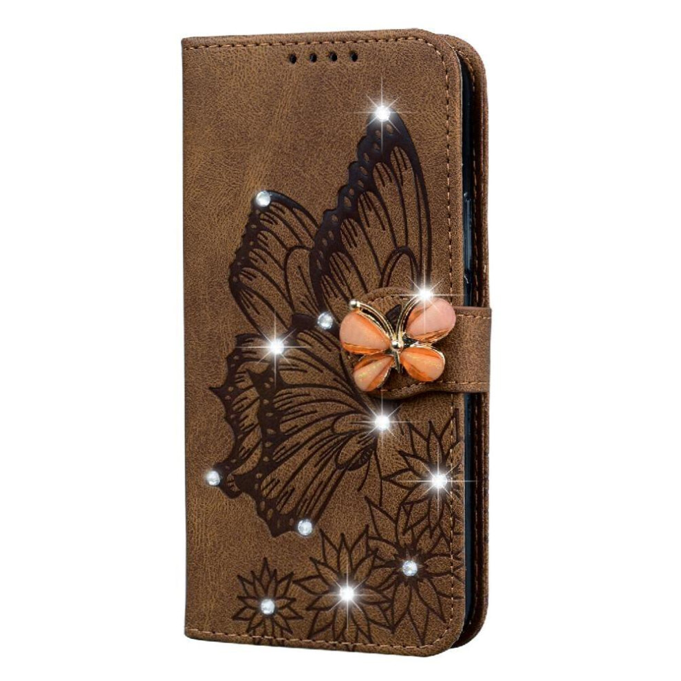 (Brown) Flip Case For Iphone 16E Kickstand Protective Big Butterfly With Diamonds Leather Wallet With Card Slot Stand Brown 764563532216