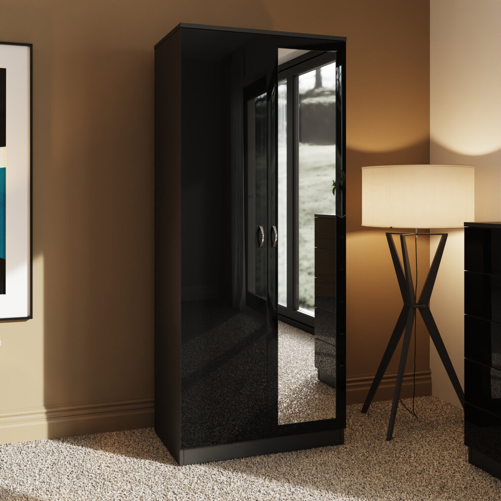 (Black) FWStyle Gloss 2 Door Mirrored Wardrobe Polished Handles Soft Close Hinge