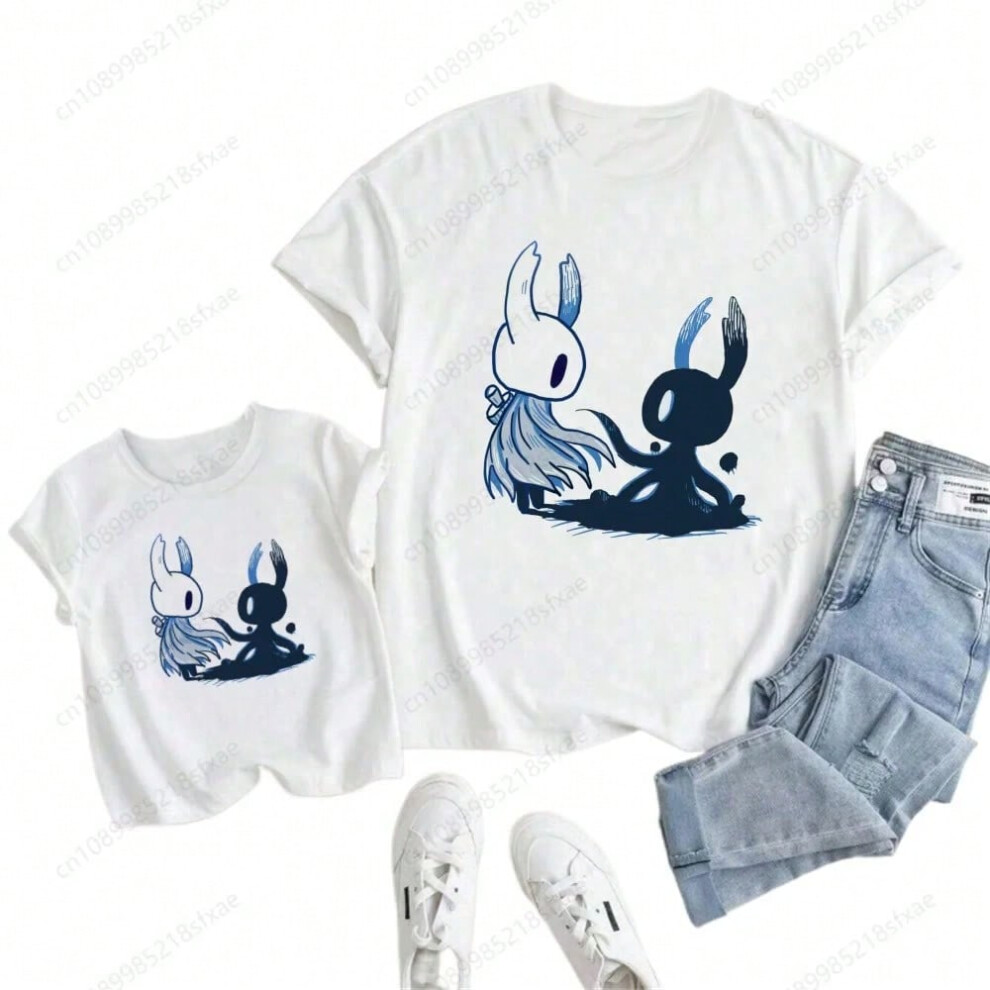 (D, Kid 4XL-18) Children Cartoon Cute Print T-shirt Girls/Boys Funny Baby Clothes Kids Summer Short Sleeve White Hollow Knight Tshirt