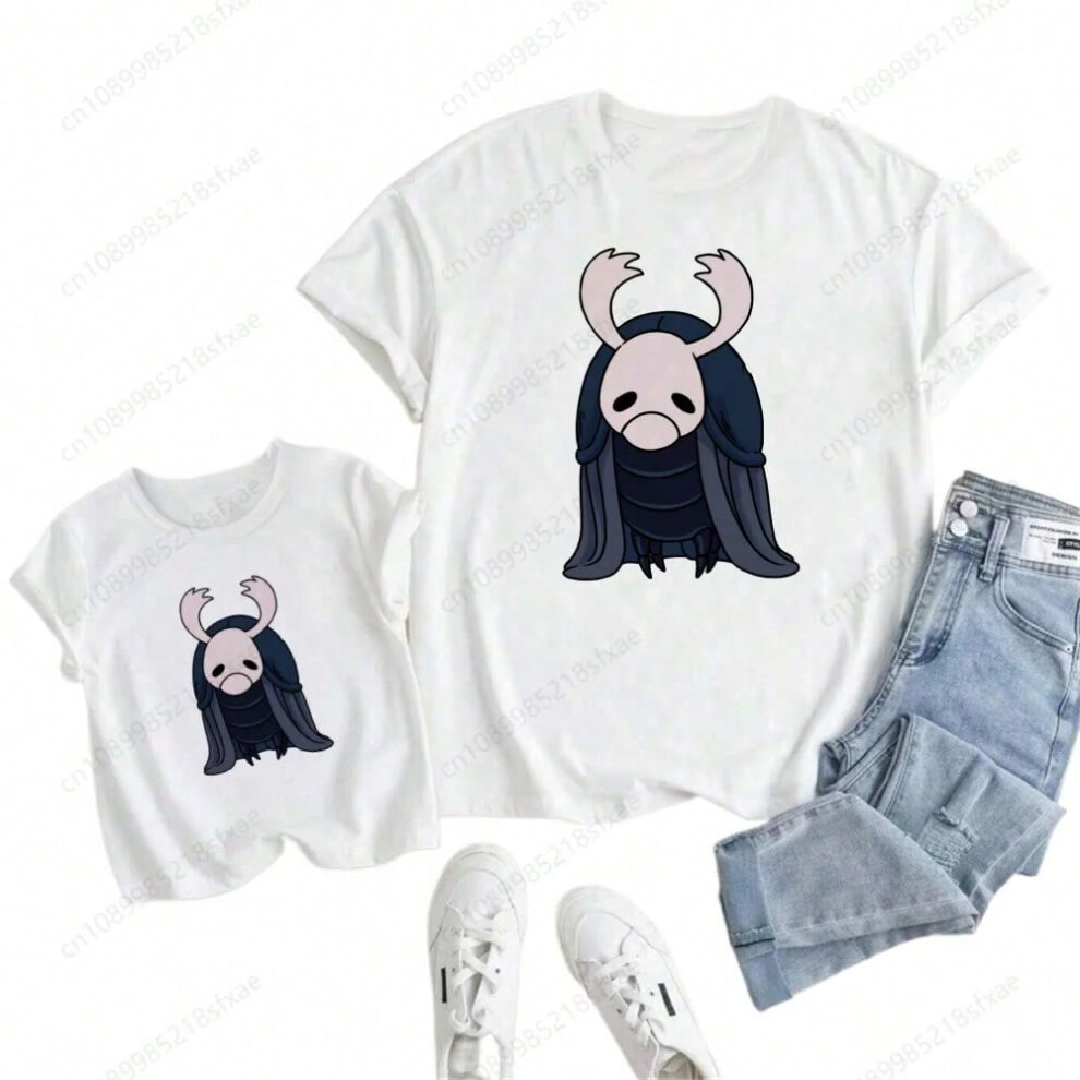 (E, Adult XL) Children Cartoon Cute Print T-shirt Girls/Boys Funny Baby Clothes Kids Summer Short Sleeve White Hollow Knight Tshirt