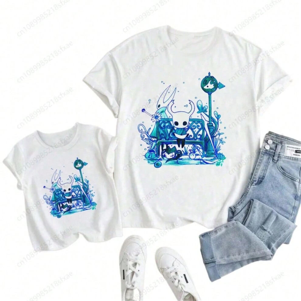 (O, Adult M) Children Cartoon Cute Print T-shirt Girls/Boys Funny Baby Clothes Kids Summer Short Sleeve White Hollow Knight Tshirt