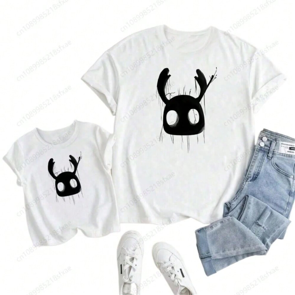 (J, Kid 2XL-14) Children Cartoon Cute Print T-shirt Girls/Boys Funny Baby Clothes Kids Summer Short Sleeve White Hollow Knight Tshirt