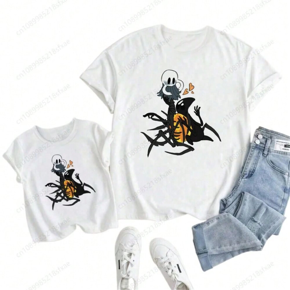 (P, Kid 2XL-14) Children Cartoon Cute Print T-shirt Girls/Boys Funny Baby Clothes Kids Summer Short Sleeve White Hollow Knight Tshirt
