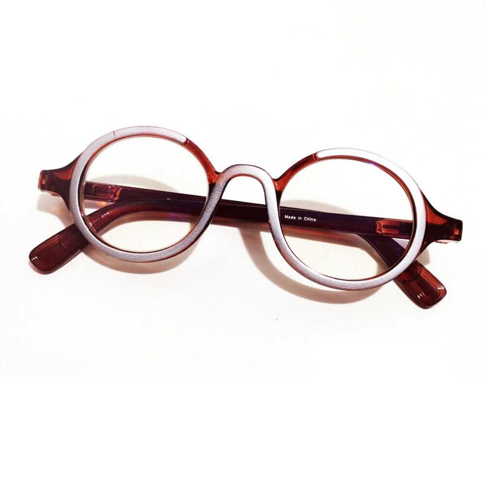 Brown (, +3.0) Vintage Spring Hinges Reading Glasses Small Round Readers +1.0 ~ +4.0