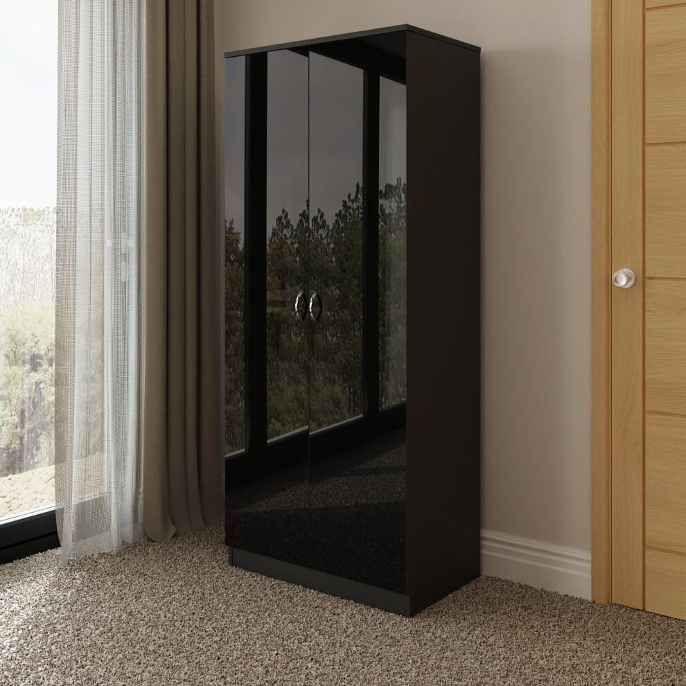 (Black) Gloss 2 Door Wardrobe Soft Hinges Polished Handle