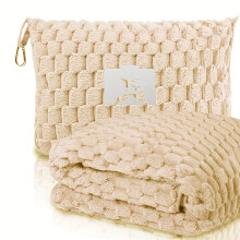 (Yellow logo) Plush Jacquard Travel Blanket Pillow Set - Soft 2-in-1 Airplane Compact Foldable Multi-Functional Throw, All-Season with Carrying Case