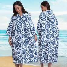 (Kaleidoscope, 1pc) Large Vintage-Inspired Surfing Poncho Towel with Sleeves - Quick-Dry, Lightweight Terry Cloth Swim Robe - Blue & White Floral Pattern