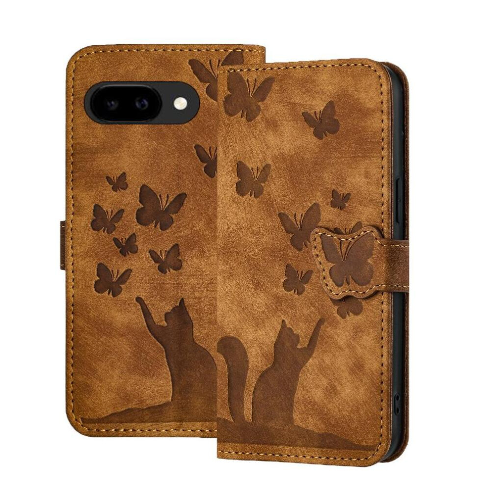 (Brown) Flip Case For Google Pixel 9A Embossed Butterfly Cat Card Pocket Holder Cover Brown 764563532513