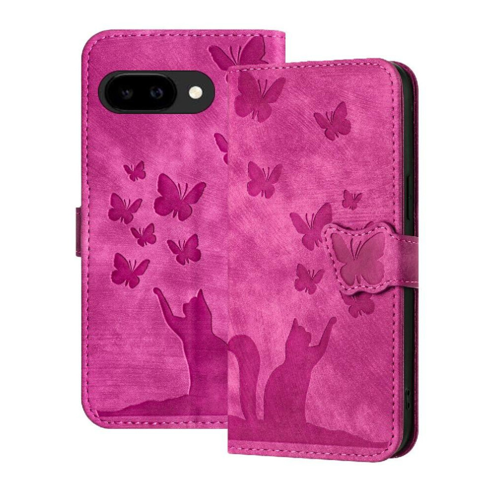 (Pink) Flip Case For Google Pixel 9A Embossed Butterfly Cat Card Pocket Holder Cover Pink 764563532490