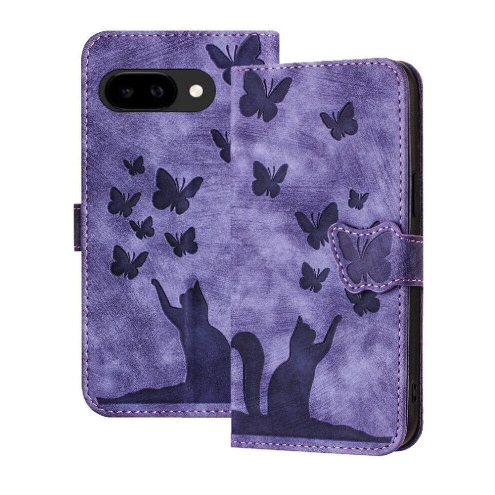 (Purple) Flip Case For Google Pixel 9A Embossed Butterfly Cat Card Pocket Holder Cover Purple 764563532476