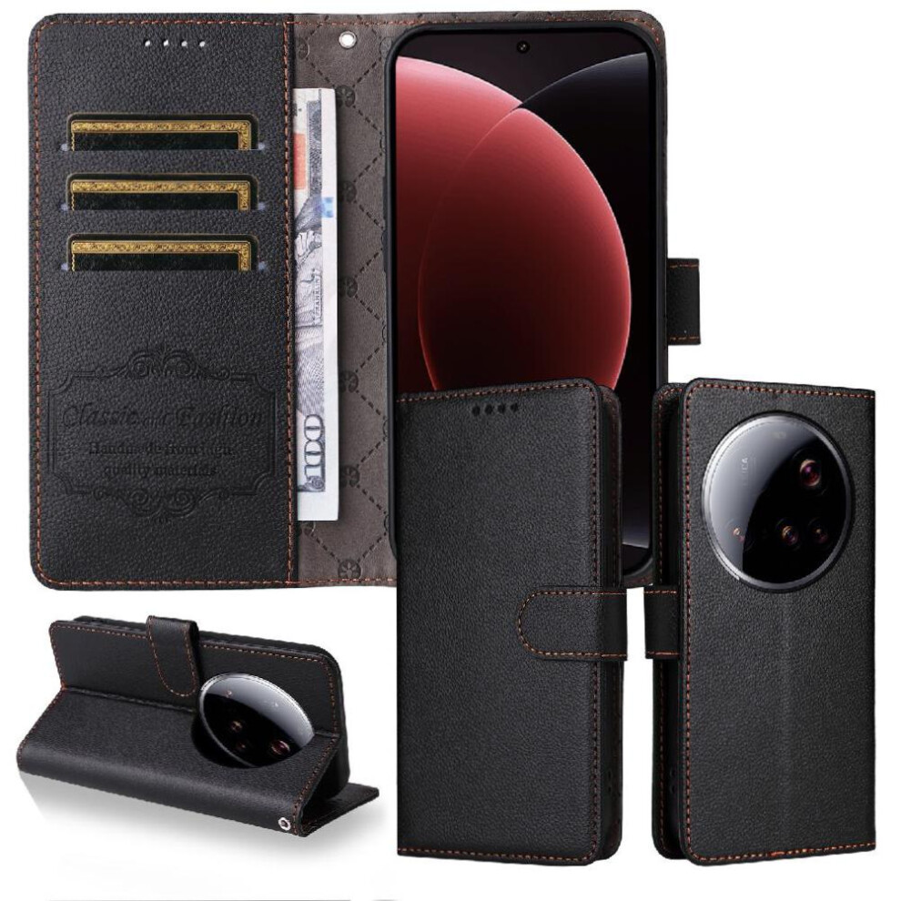 (Black) Flip Case For Xiaomi 15 Ultra Wallet Magnetic Car Mount Wireless Charging Crad Slot Black 764563532674