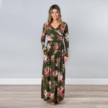 (Deep green,L)Women Floral Print Long Sleeve Beach Dress Lady Evening Party Long Maxi Dress