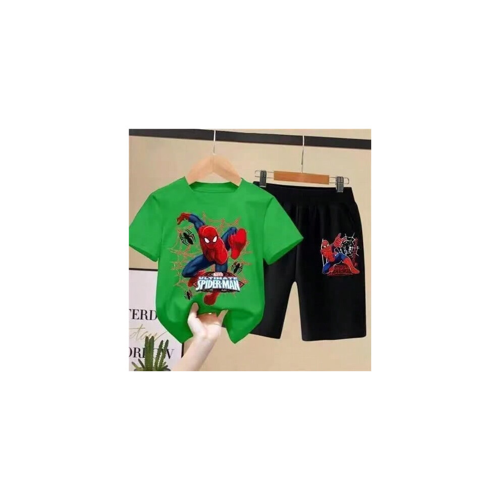 (lvse, 140-150cm) Children'S T-Shirts Spider-Man Set Aoger Spiderman Boys Summer Trend Baby Short Sleeve Shorts Two-Piece Set Kids Outfits Gifts