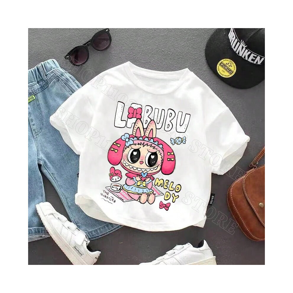 (LBB123, 100cm) Labubu Cute Boys Girls Clothes Cartoon Character Graphic Print Child T Shirts Cool Comfortable Fashion Tops Birthday Party Gifts