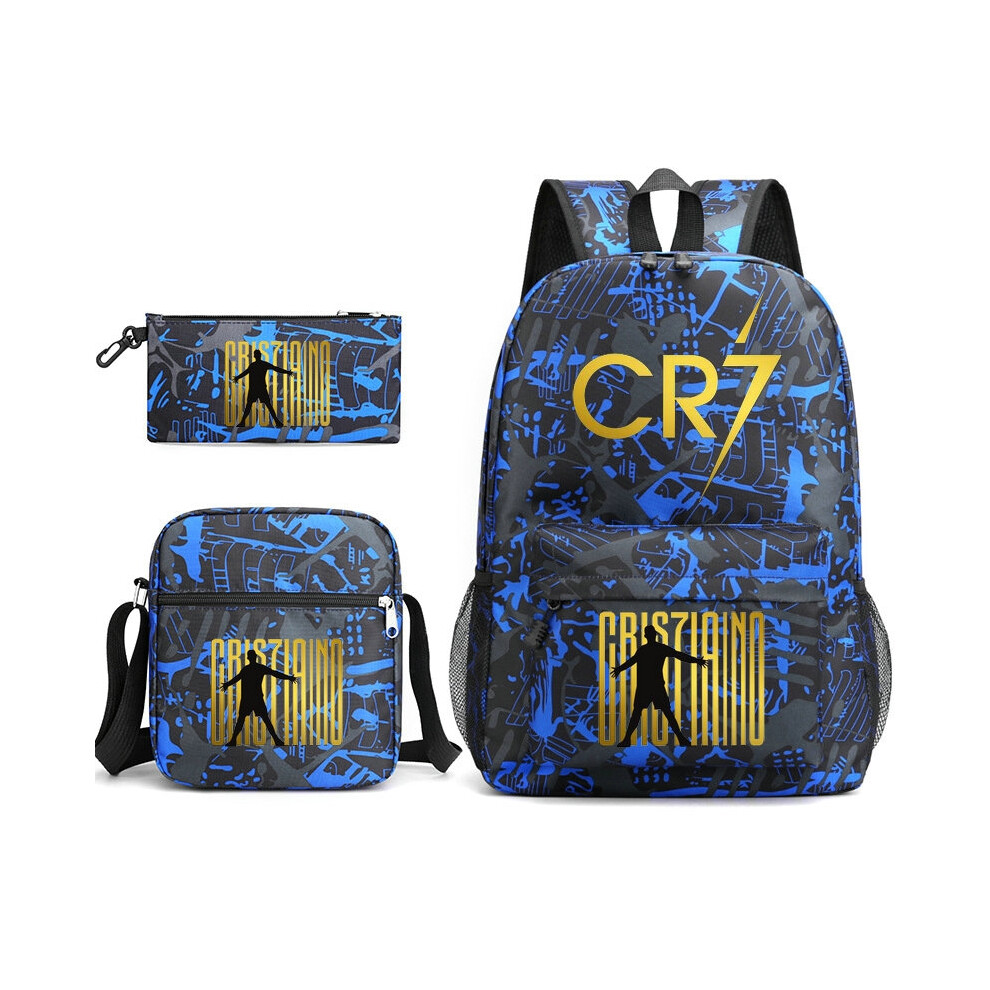 (3) 3pcs CR7 Football Cool Backpacks Capacity Rucksack Girl Boys Simple Shoulder Bag High School Schoolbag Black
