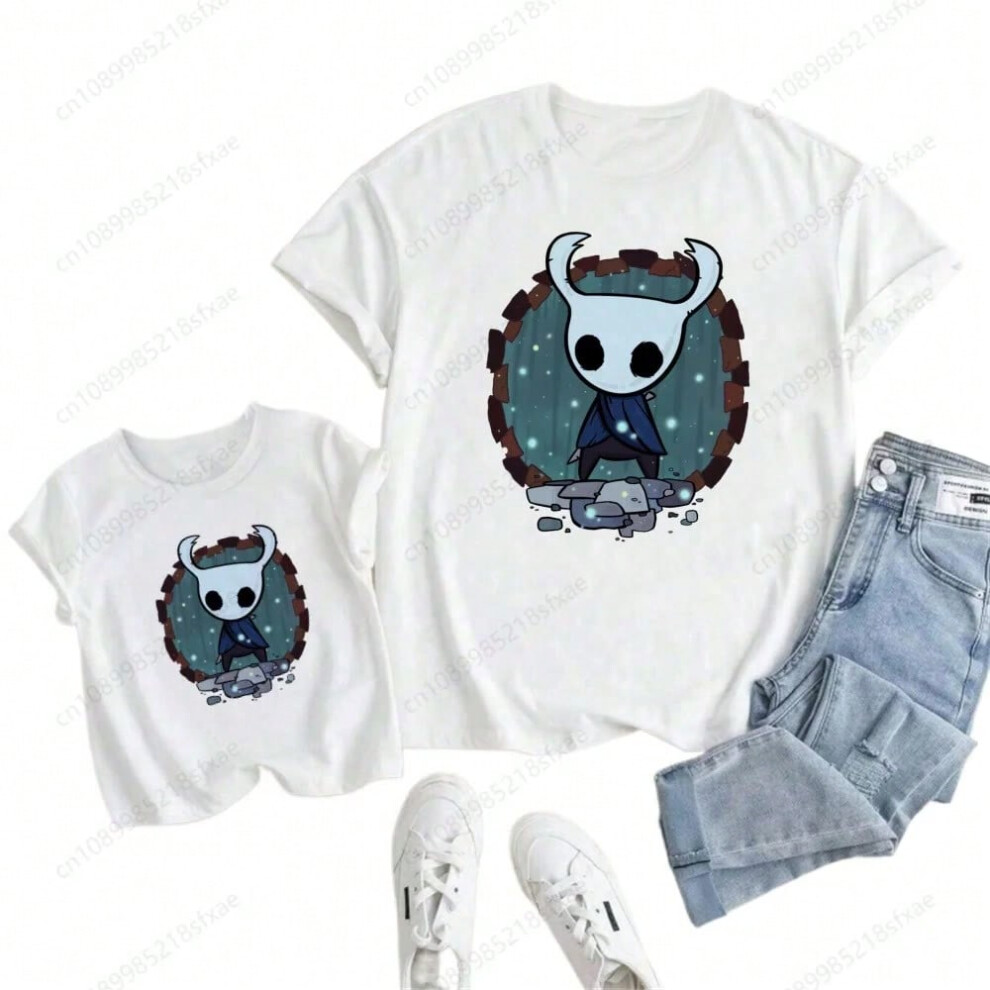 (C, Kid 4XL-18) Children Cartoon Cute Print T-shirt Girls/Boys Funny Baby Clothes Kids Summer Short Sleeve White Hollow Knight Tshirt