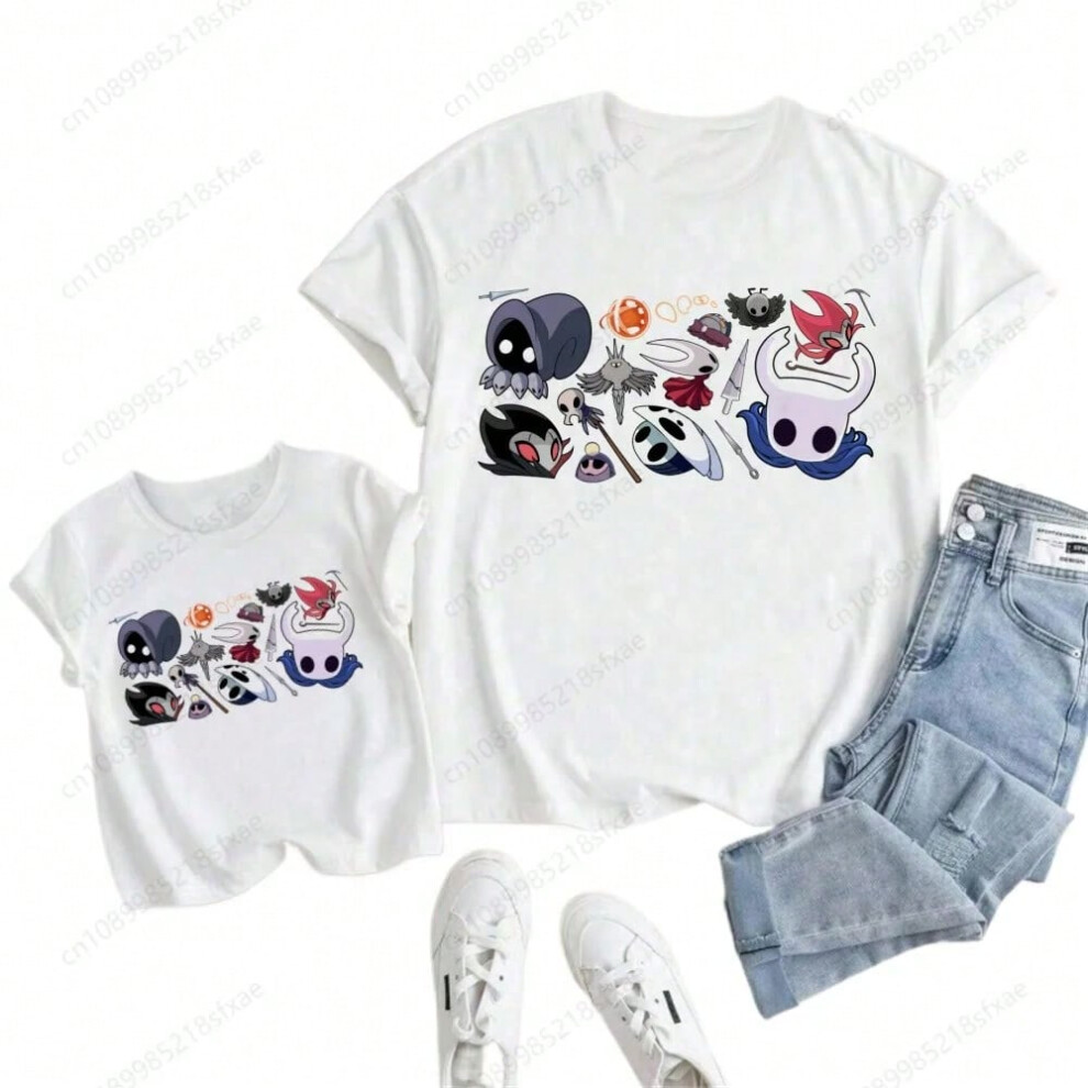 (M, Adult 3XL) Children Cartoon Cute Print T-shirt Girls/Boys Funny Baby Clothes Kids Summer Short Sleeve White Hollow Knight Tshirt