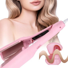 (V-Pink) 【Try Now】French Wave Curling Iron, 32 mm U Shapped Curler, Deep Beach Waver Curling Iron, Ceramic 3 Barrel Hair Crimper for Women