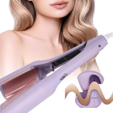 (V-Purple) 【Try Now】French Wave Curling Iron, 32 mm U Shapped Curler, Deep Beach Waver Curling Iron, Ceramic 3 Barrel Hair Crimper for Women
