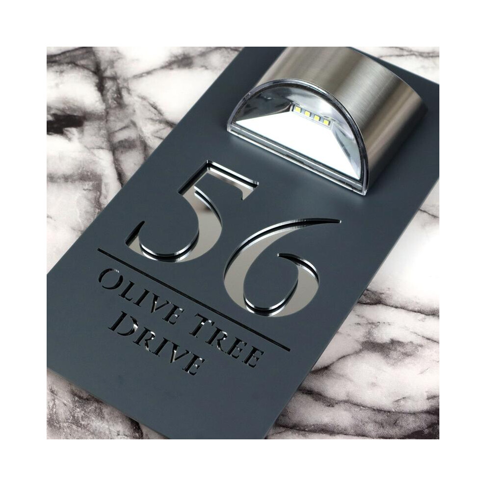 (Dark Grey + Mirror + Classic Text) K Smart Sign | 160mm x 300mm | Matt Anthracite Solar Powered Bellissima LED Laser Cut Marble & Mirror A4 House Sign in Dark Grey Decor Light Box