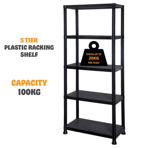 (5 - TIER PLASTIC SHELF) 3/4/5 Tier Plastic Shelf Storage Unit Shelving Shelves Racking Warehouse Shed Rack Organiser Steel Garage Standing