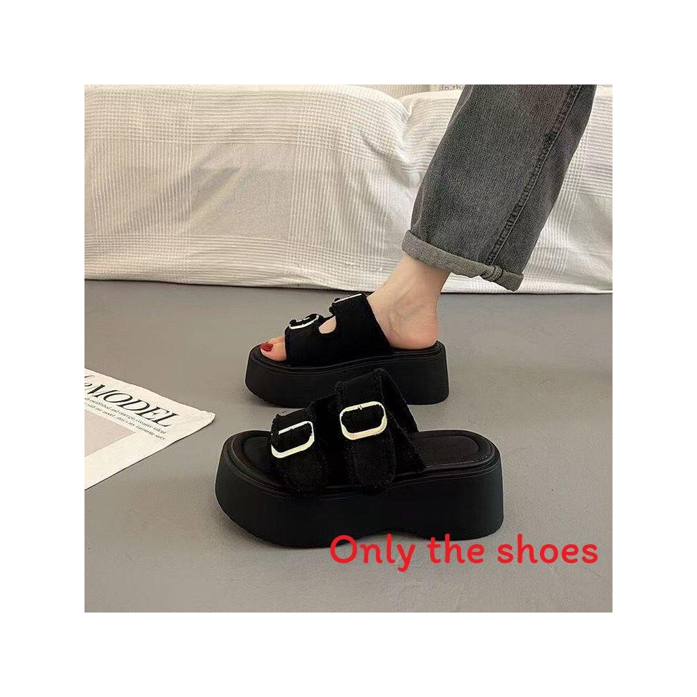 (Black,36)Chaussons à semelles épaisses été femme denim décoration boucle métal pour usage quotidien