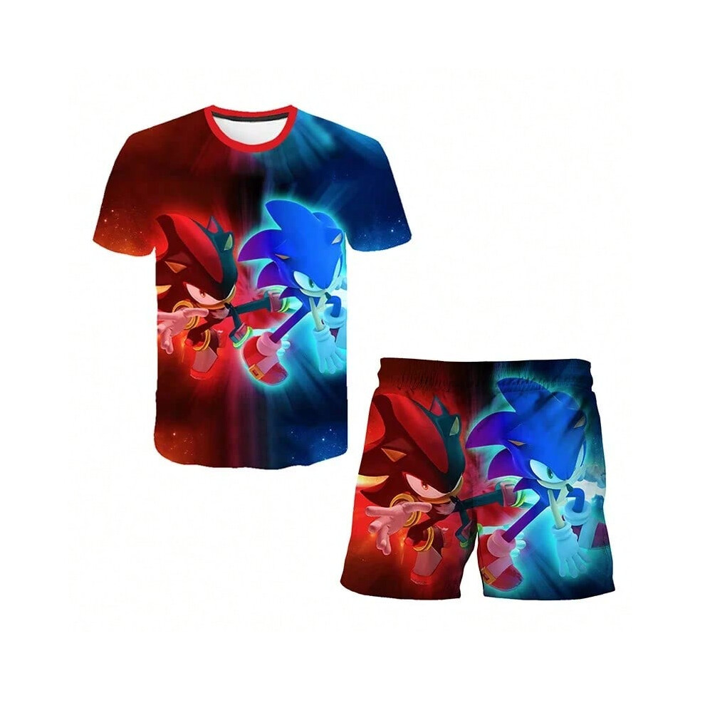 (6358356-7, 160) New 2025 Japanese Cartoon Sonic T-shirt Children's Top T-shirt Shorts Two-piece Set Summer Boy Cartoon Cute T-shirt+beach Pants-image-OPC-PHDPYZP-NEW