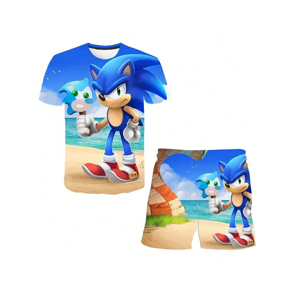 (6358356-11, 130) New 2025 Japanese Cartoon Sonic T-shirt Children's Top T-shirt Shorts Two-piece Set Summer Boy Cartoon Cute T-shirt+beach Pants-image-OPC-PHDPYXT-NEW